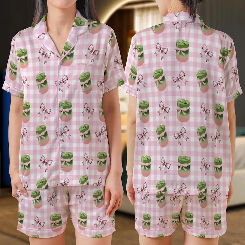 Pink Coquette Satin Pajama Set Bow Tie Lounge Wear Sleeve Pajamas with Shorts, Cute Sporty Lounge Sleepwear Gift