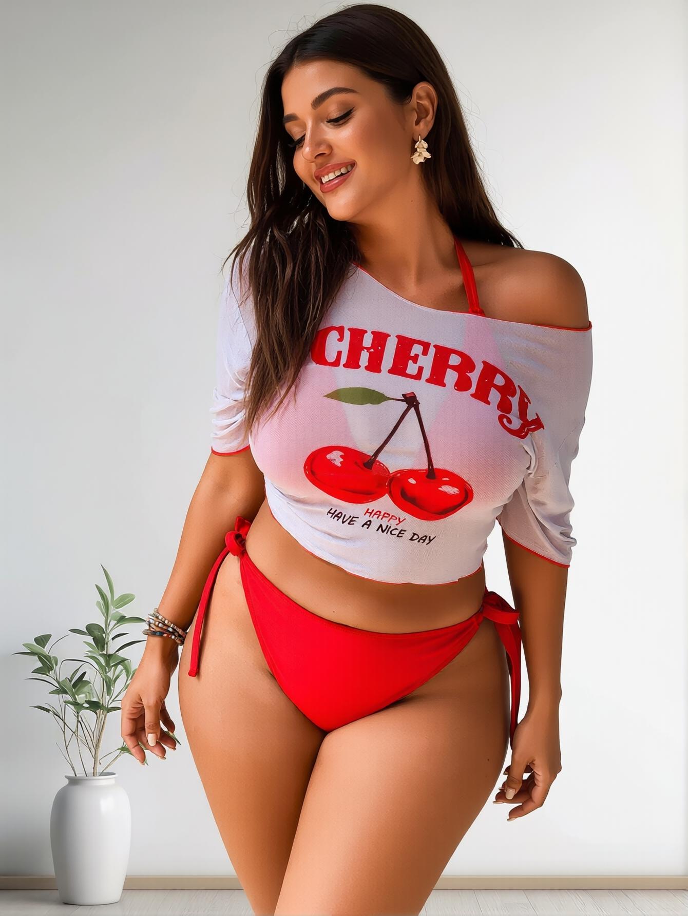 Tropical Style Plus Size Cherry Print 3 Piece Bikini Set Red Halter Tie Side Bathing Suit with Mesh Cover Up