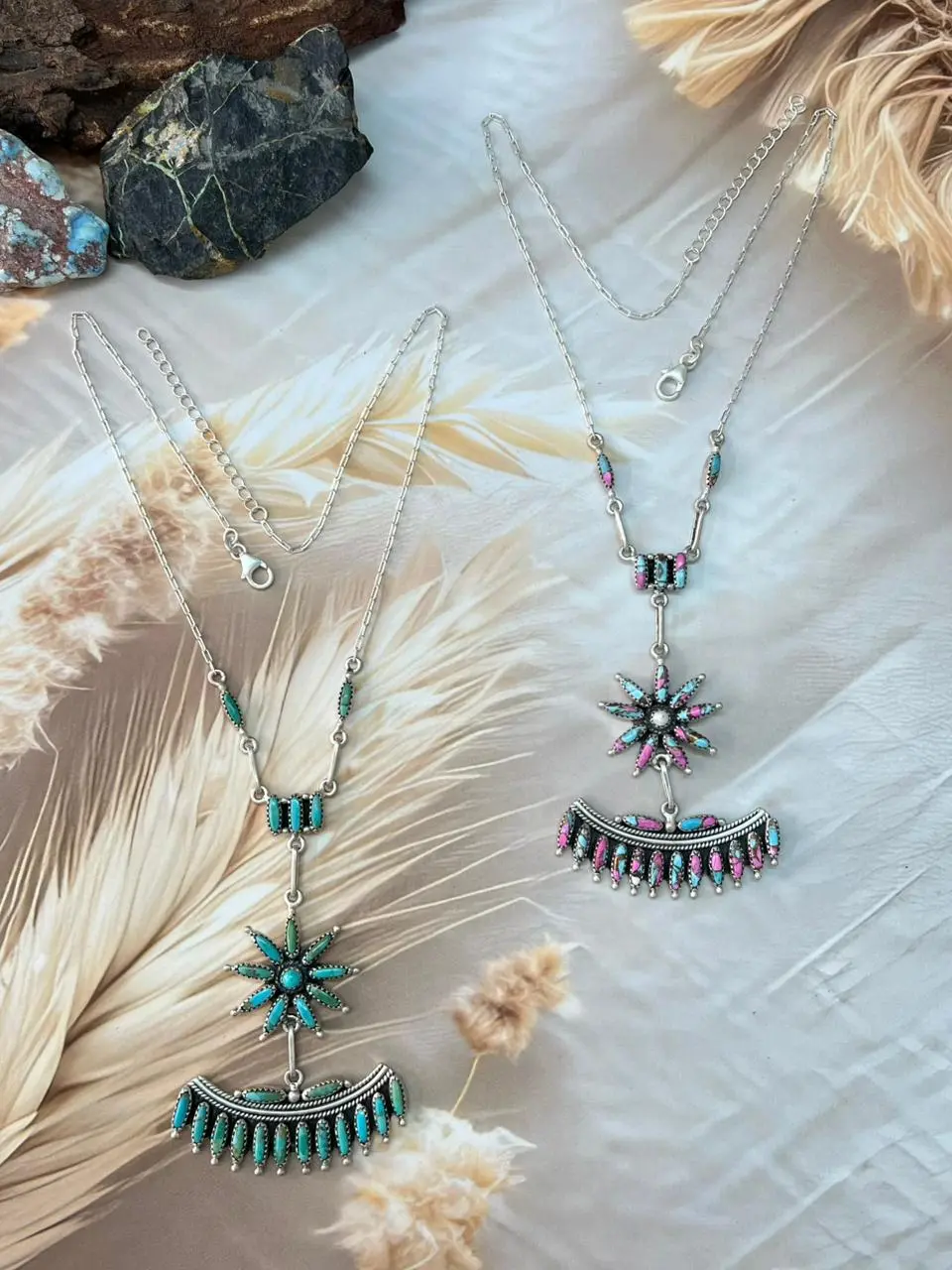 Handmade Sterling Silver Kingman Turquoise & Cotton Candy Necklace "Signed Nizhoni"