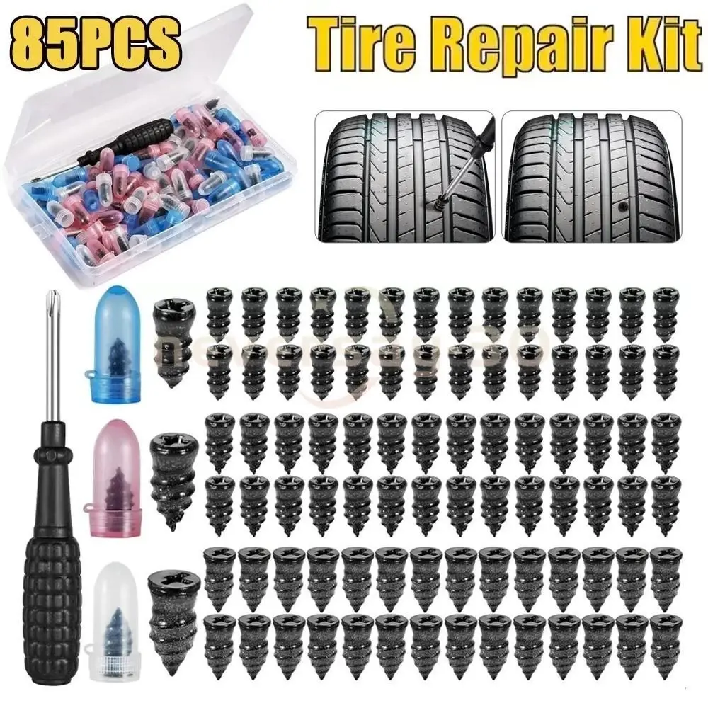 85Pcs Tubeless Tire Repair Kit, Heavy Duty Flat Fix Tool Set with Plugs, Strings, Insertion Tools & Reamer for Car, Motorcycle, ATV, Truck, Jeep, RV, SUV, Boat, Trailer, Lawn Mower, Emergency Roadside Assistance