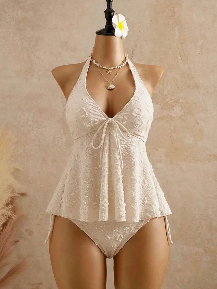 Bellisia Cream White Cut-Thread Textured Jacquard Tankini Swimsuit | Backless Halter Babydoll Top | Tummy Control Beach Bridal 2PC Bathing Suit
