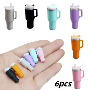 6-Pack Miniature Thermal Cups with Straw, Dollhouse Scale Plastic Drinkware, DIY Micro Model Food Scene Accessories