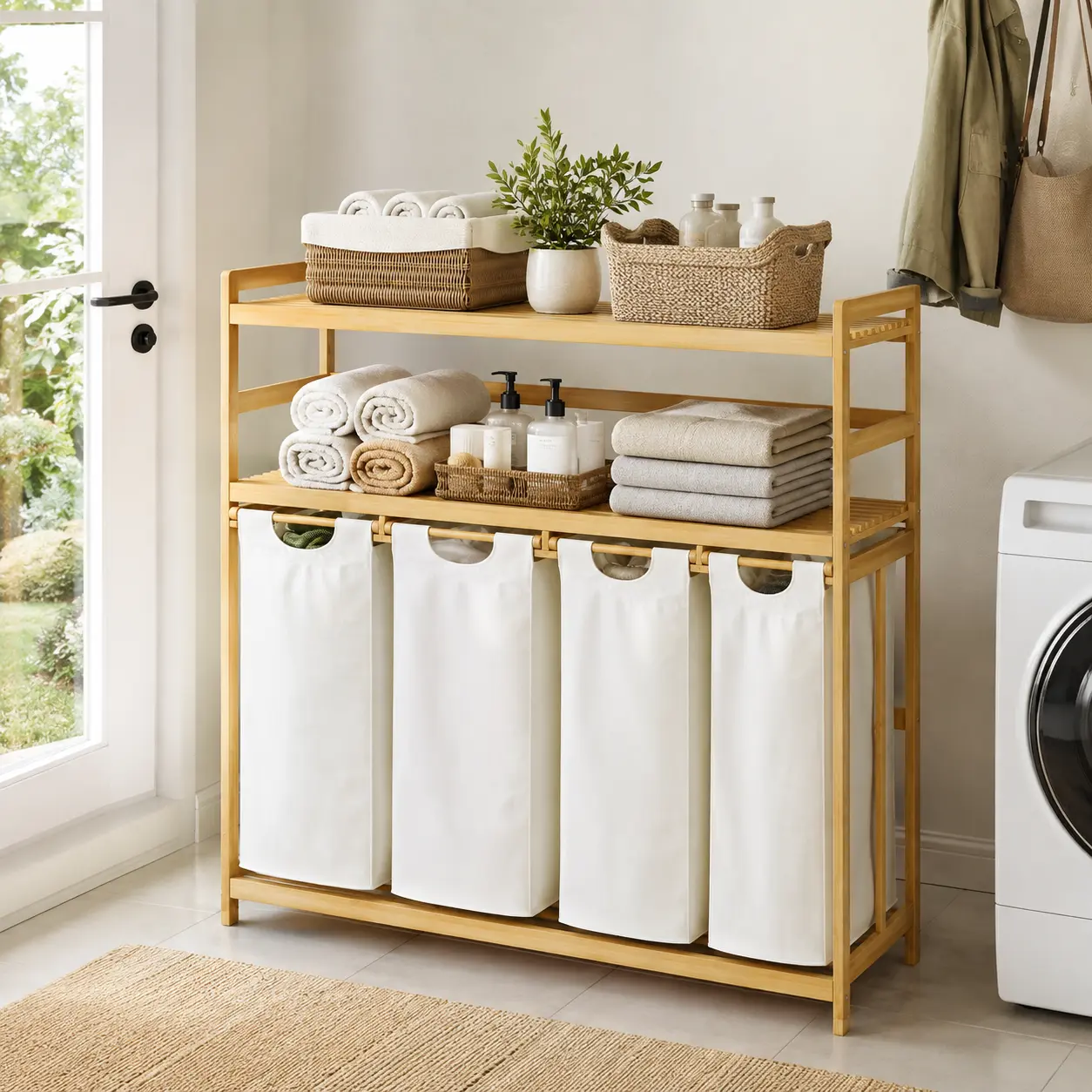 4-Section Bamboo Laundry Sorter with 2-Tier Storage Shelf, 200L Large Laundry Hamper with Removable Washable Bags, Freestanding Laundry Basket Organizer for Bathroom Bedroom Laundry Room