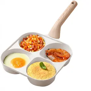 Multifunctional Non-stick Egg Frying Pan, 4-Hole Skillet with Wooden Handle, Medical Stone Omelet Maker for Pancakes, Burgers, Breakfast & Quick Home Cooking