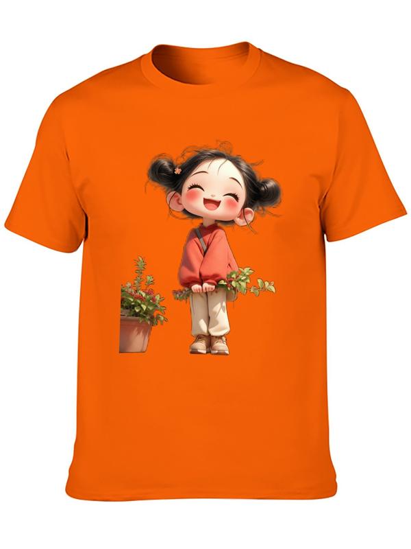 Women's Cotton Casual Fitted Short-sleeve Graphic T-shirt - Cute Chibi Girl Double Buns Plant Branch Design, Lady Kawaii Cottagecore Streetwear Essential, 1-piece Minimalist Halloween Top