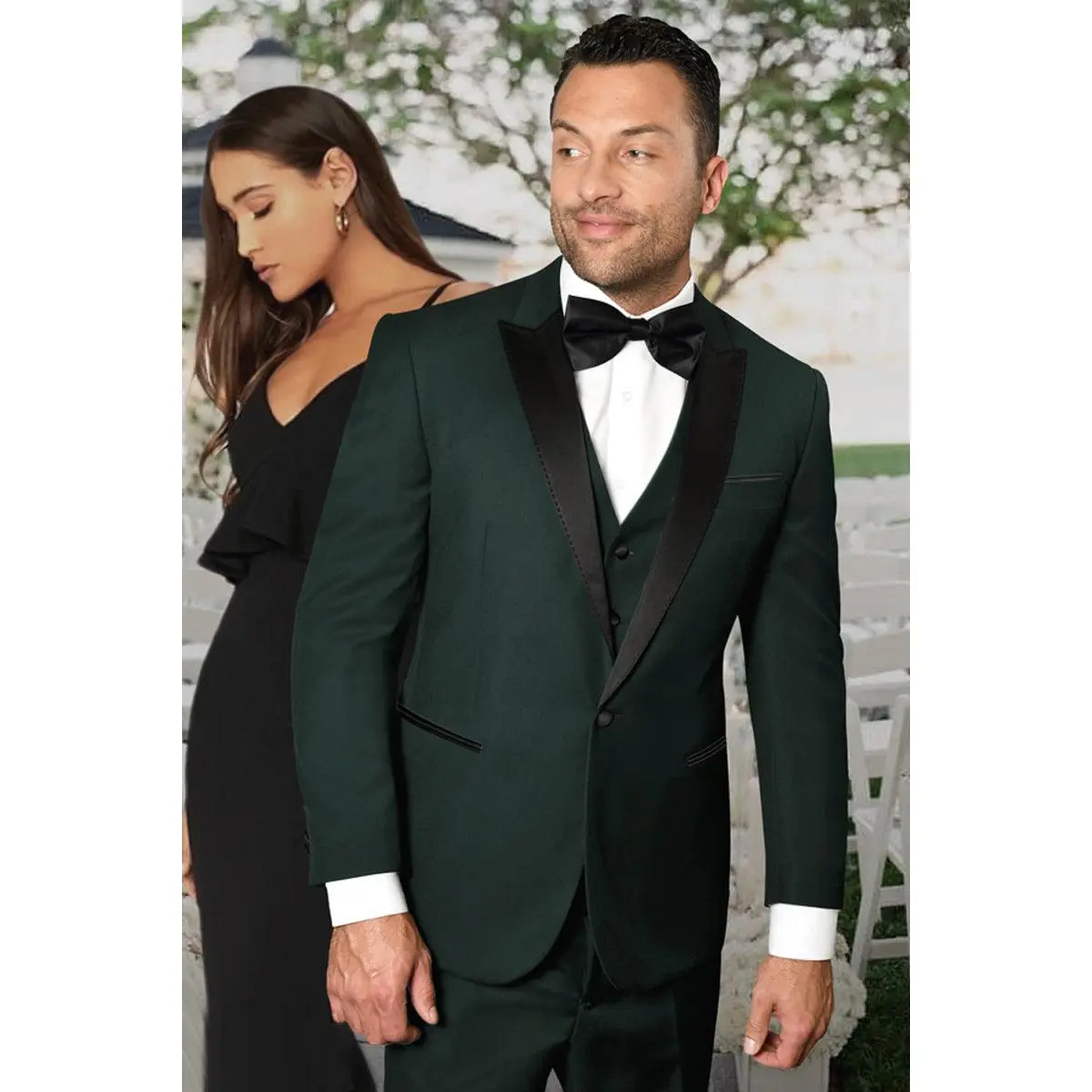Men's Vested One Button Peak Lapel Designer Wedding Tuxedo in Hunter Green