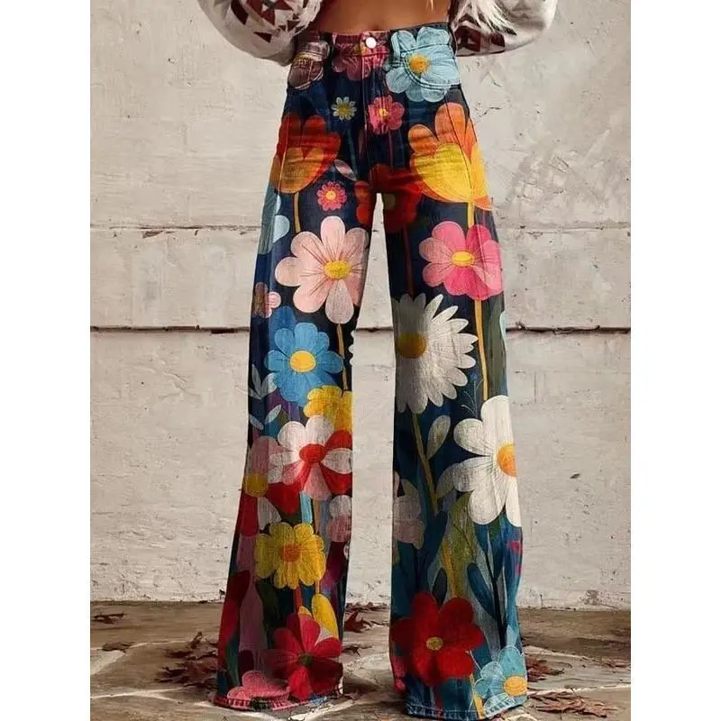 Fashionable printed flared jeans for Oversize style Womenswear Bottom Streetwear Trouser Comfort Pants Baggy Khdz1 Loose Fashionable printed flared jeans for Oversize style Womenswear Bottom Streetwear Trouser Comfort Pants Baggy Khdz1 Loose
