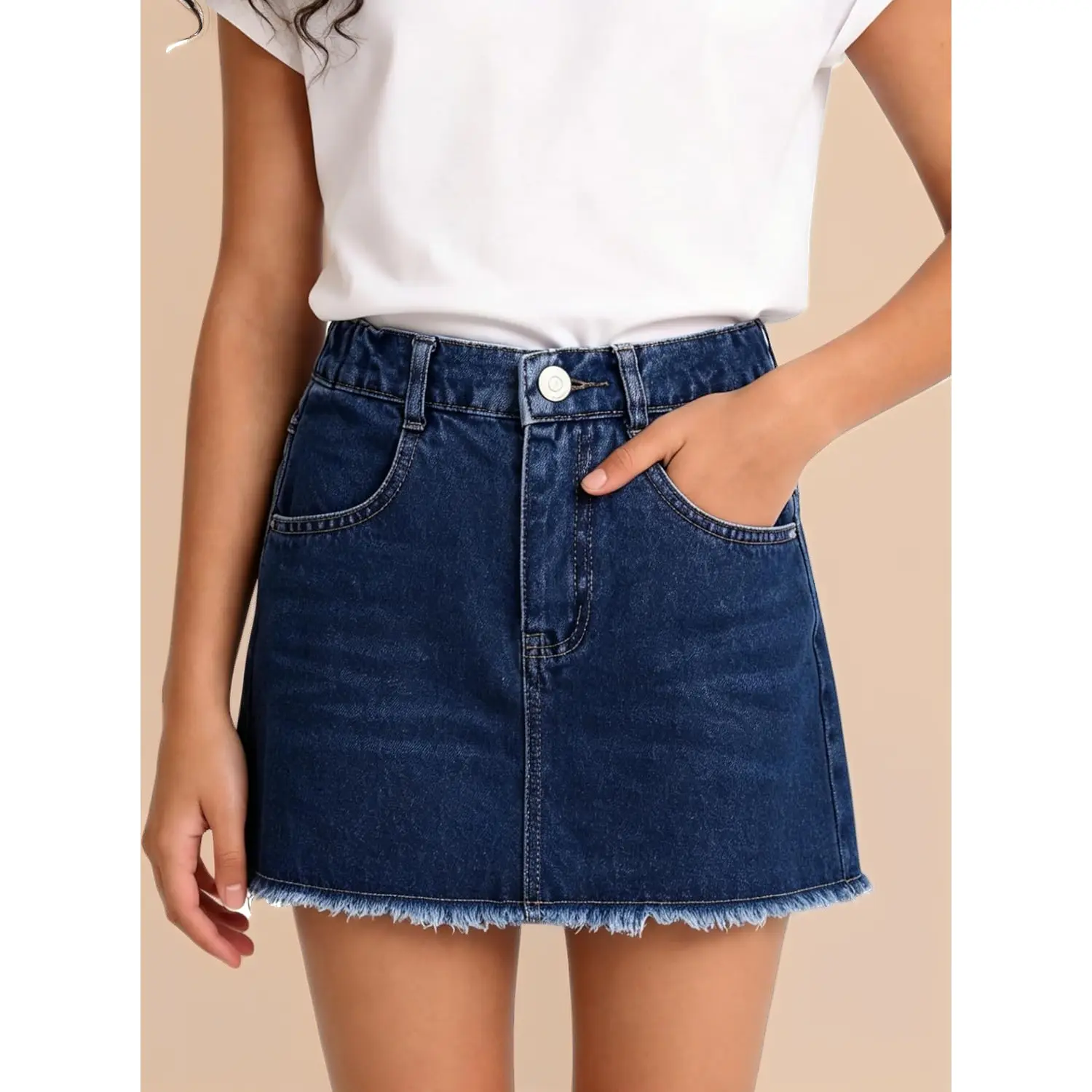 Girls' Basic Mid-Waist A-Line Denim Mini Skirt - Elastic Waistband, Raw Hem, Casual Short Jean Skirt for Daily Wear (5-14 Years), Short Length