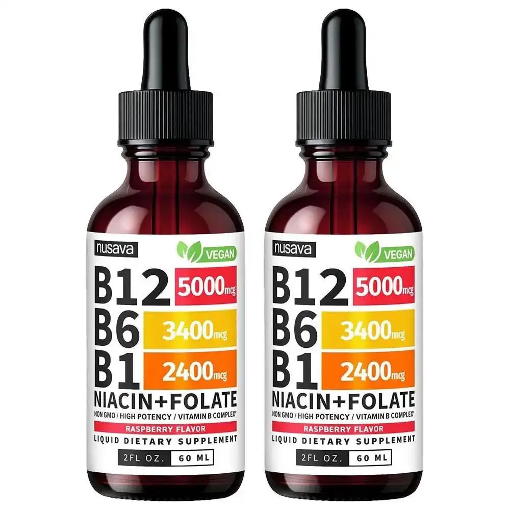2 Pack Vitamin B12 Liquid Supplement Drops with B6, B1, Niacin & Folate - Edible Support for Energy, Brain & Heart, Non-GMO & Gluten-Free, 4 Fl Oz Fitness Dietary NUSAVA