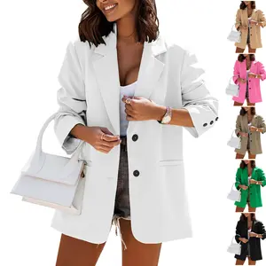 Goranbon Women Casual Oversized Blazers Lapel Button Down Solid Work Office Blazer Jacket