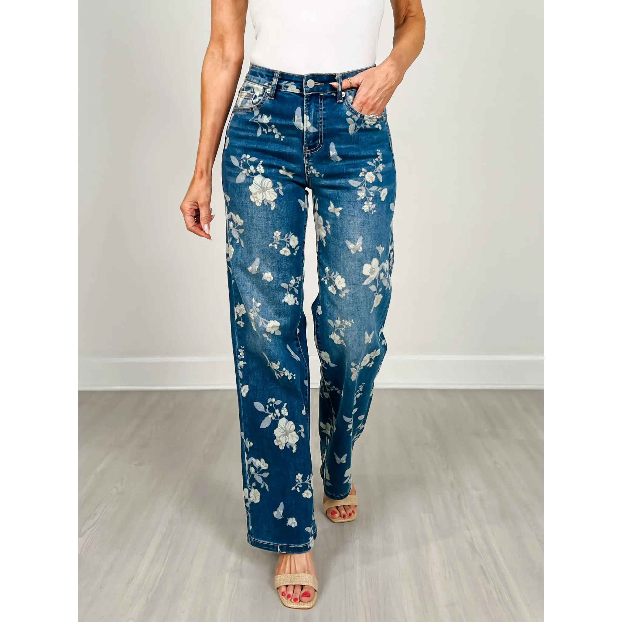 MICA Denim High Rise Wide Leg Embellished Jeans