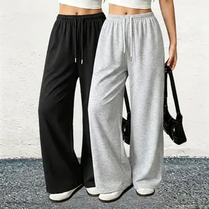 2 Pack Baggy Sweatpants for Women – Soft Luxury Wide Leg Jogger Pants Drawstring Elastic Waist Comfy Loungewear Matching Set Black & Gray