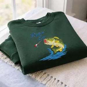 Embroidered Rippin' Lips Men's Fishing Shirt, Largemouth Bass Hooked Crewneck, Fisherman Outdoors Pullover, Angler Gift