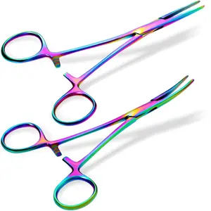 BBTO 2 Pieces Hemostat Curved and Straight Rainbow Hemostat Forceps Piercing Pliers Forceps, 7.1 Inch Stainless Straight and Curved Pliers, Fishing Tweezer