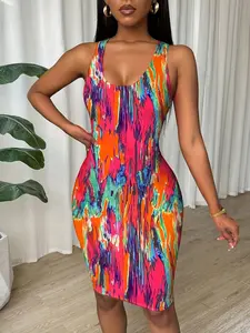 Plus Size Women's Colorful Rainbow Stripes Slim Fit Short Vest Dress, Summer Casual Wear Sleeveless Round Neck Mini Skirt, Trendy Fashion Clothing Womenswear