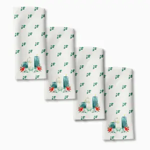 Christmas Candles Cloth Napkin Set of 4 - 20"x20" Polyester Napkins with White Holly & Candle Design - Soft, Washable Tableware for Holiday Dining