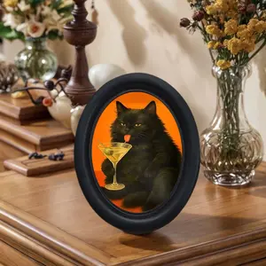 Vintage Art Style Cat Drinking Cocktail Oval Frame Wall Art, Fun Animal Decor, Gift for Cat Lovers, Living Room Bedroom Decoration
