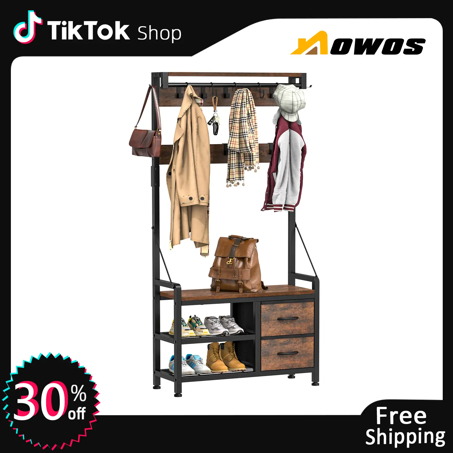 【FallDealsForYou】AOWOS Hall Tree, 31” Entryway Bench with Coat Rack freestanding, 5 In 1 Intelligent Design Shoe Bench and Wall Rack 17 Hooks and Draw