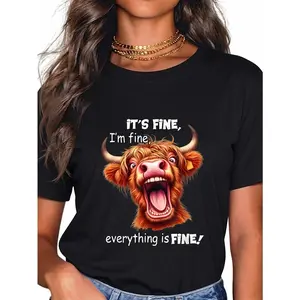 100% Cotton Funny Highland Cow It's Fine I'm Fine Everything Is Fine T-Shirt Black
