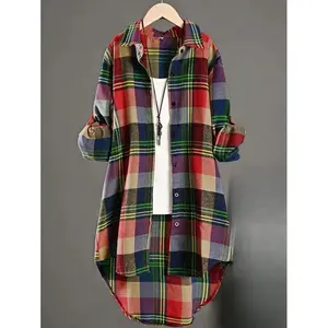 Casual Mid-Length Christmas Plaid High Low Shirt, Autumn Long Sleeve Fabric lightweight knitwear