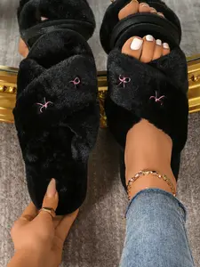 Women's Embroidered Bow Slippers, Comfortable Fabric Home Shoes, Spring & Fall Casual Flat Cross Strap Design, Fluffy House Slippers, Indoor Floor Slippers