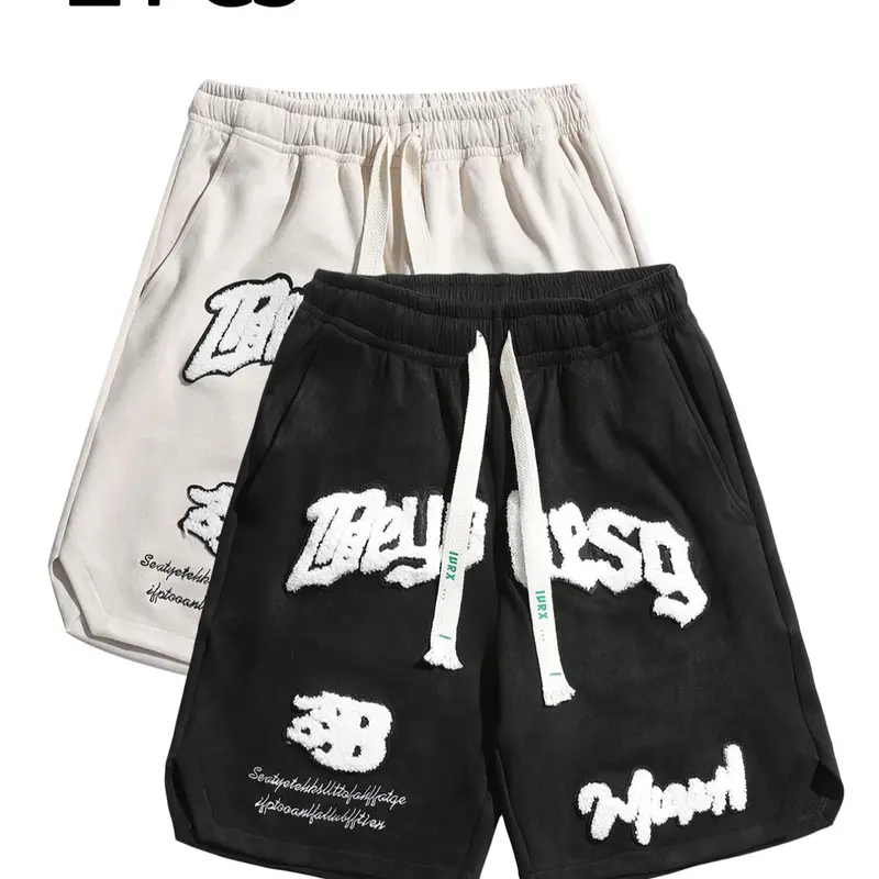 Men's Suede Shorts, Letter Embroidered Shorts, Regular Fit Casual Comfy Shorts for Summer, Casual Street Shorts, Chic Casual Shorts, Men's Bottoms for Daily Wear, Everyday Shorts