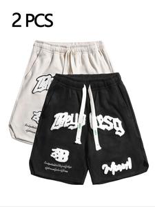 men's letter embroidery suede shorts, regular fit casual comfy shorts for summer, men's bottoms for daily wear