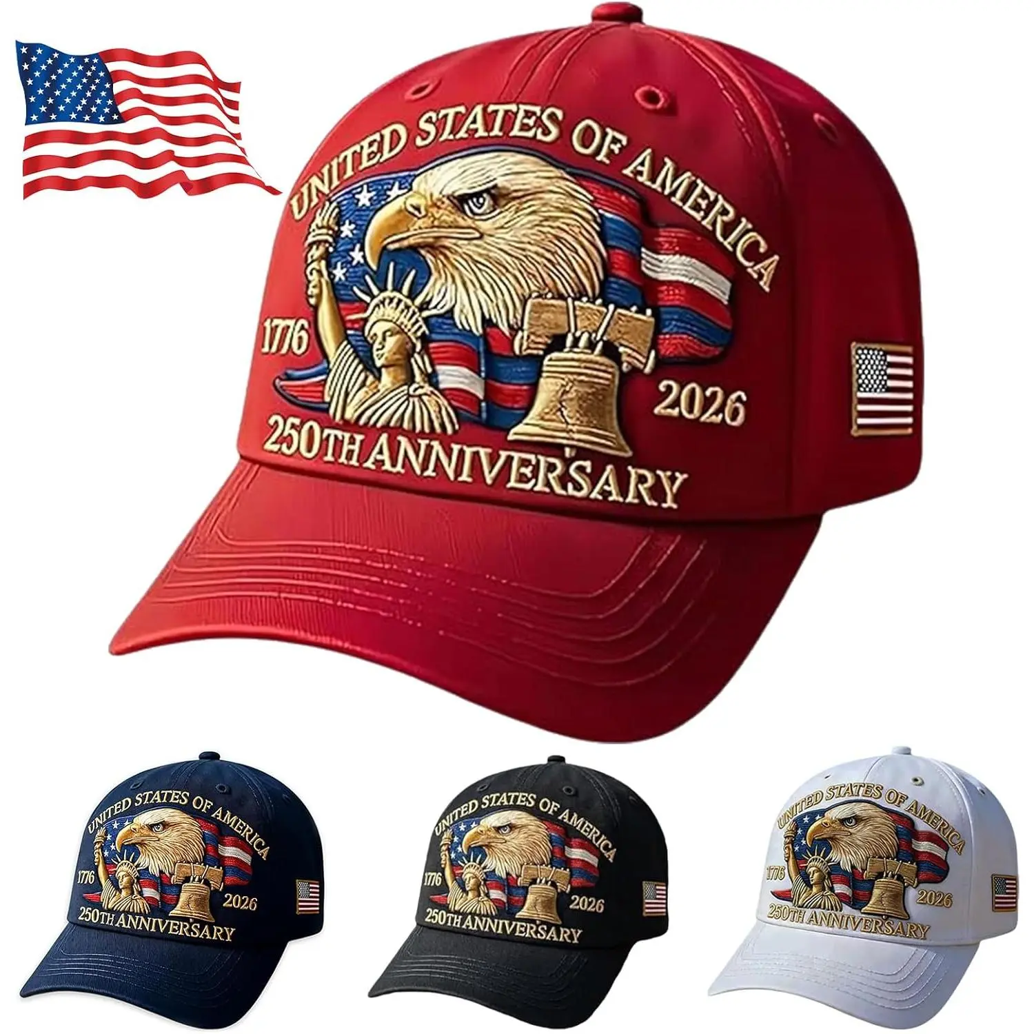 Vintage Embroidered Baseball Cap for Men & Women, Fashionable USA 250th Anniversary Patriotic Hat for Veterans, UV Resistant with Adjustable Snap, Embroidery Hat, Fashionable Hats