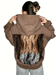 Women's Y2K Floral Embroidery Sheer Back Hoodie, Trendy Fashion Black See-Through Sweatshirt, Streetwear Aesthetic Hoodie with Lace Accents (Pair with Jeans or Tank Top)