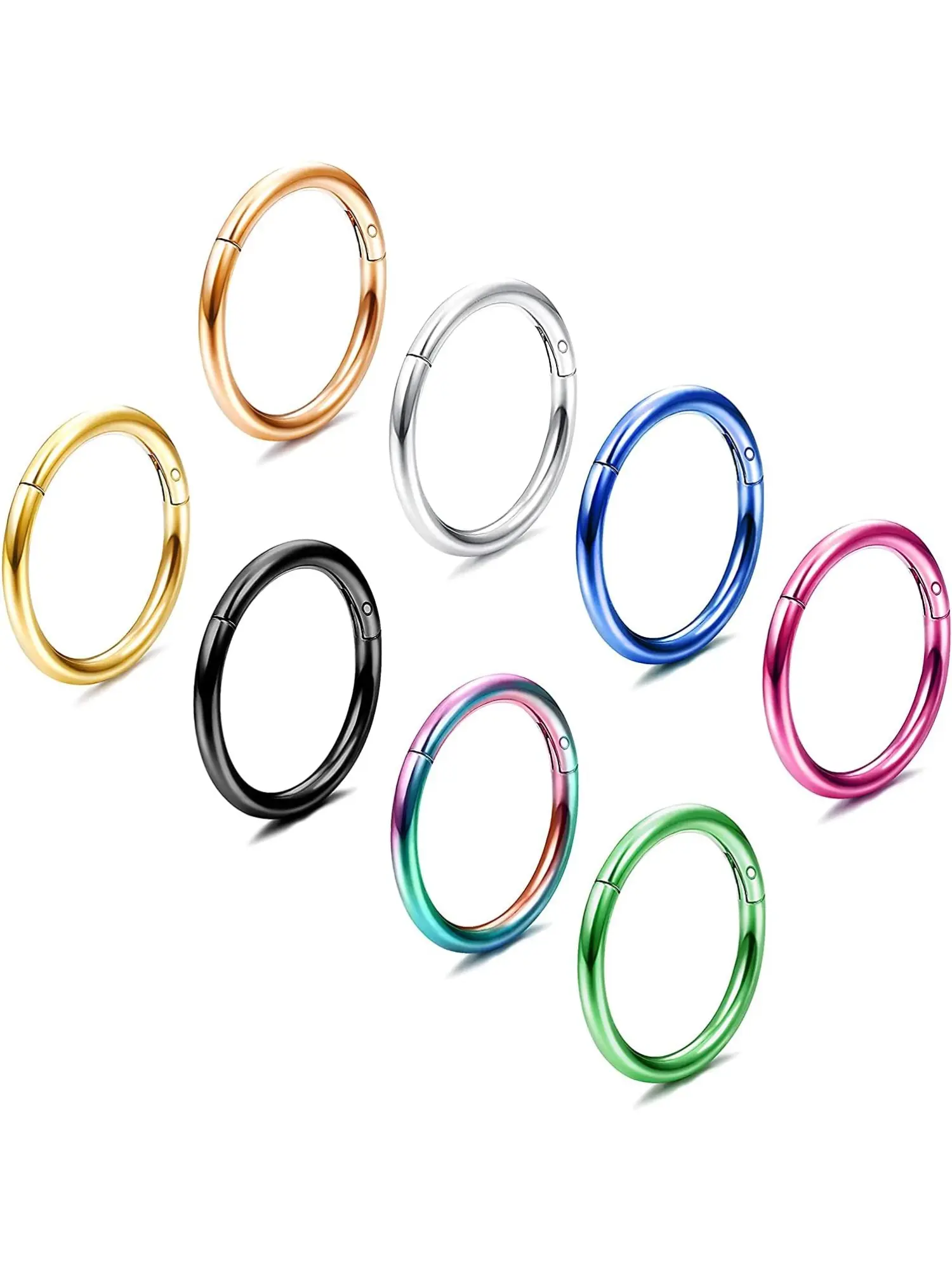 8-Piece Set of 16G Nasal Septum Rings, 316L Stainless Steel, Hinged Segmented Spring Nose Rings, Unisex, Body Piercing Jewelry, Lip Rings, Cartilage Rings, Earlobe Rings, Ear Piercing Jewelry, Hinged Nose Hoops, Inner Diameter: 0.8 cm / 1 cm