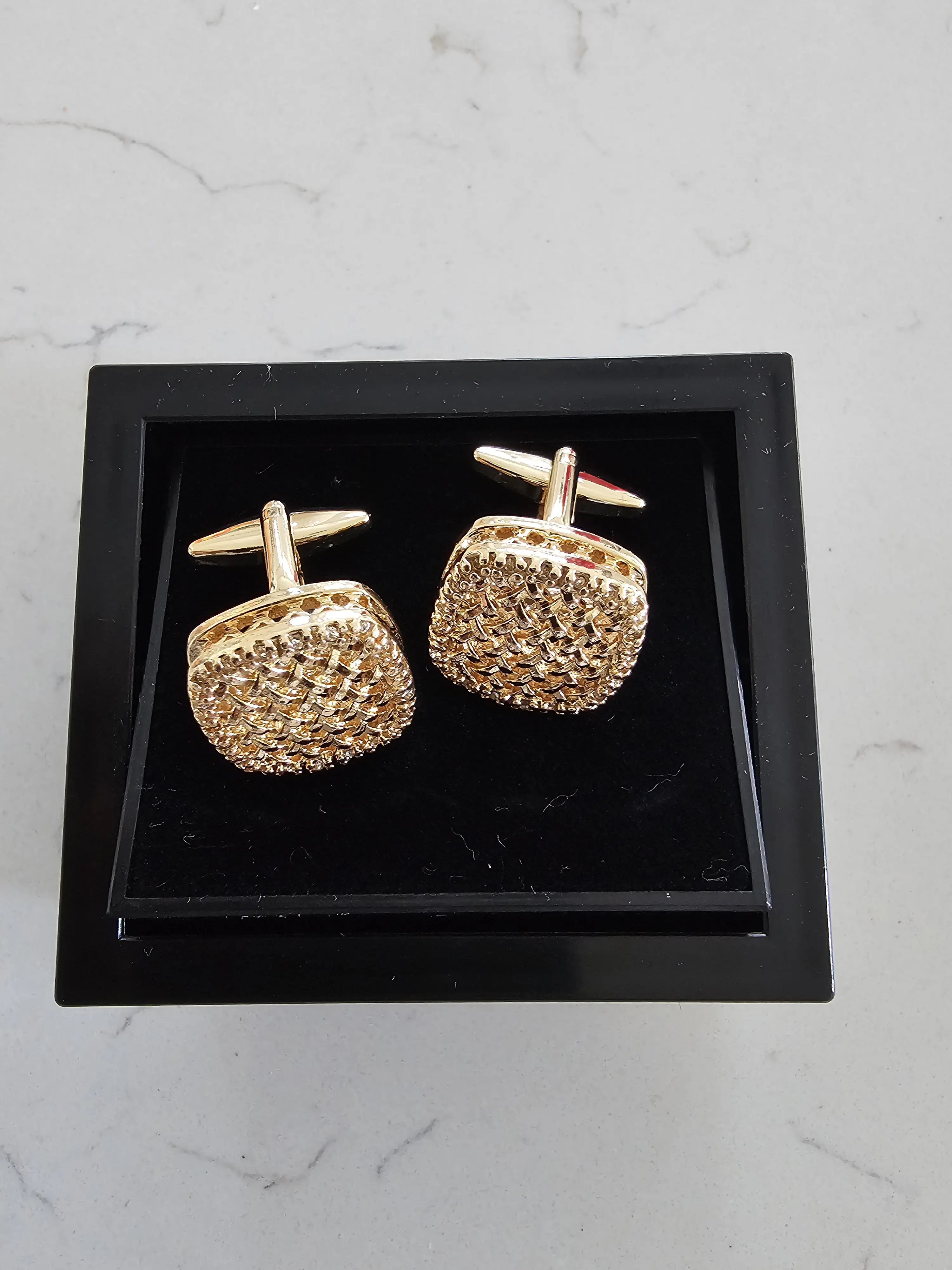 Gold Basketweave Cufflinks, Square Textured Geometric Suit Accessories, Vintage Style (Gift Box Set)
