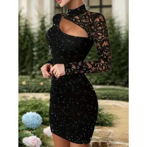 Luxurious solid-color sequin hip-hugging dress — an elegant women’s long-sleeve lace hollow-out round-neck dress with contrasting details — perfect for formal occasions and parties
