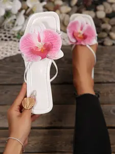 Summer Square Toe Flower Slippers Women, Casual PVC Sole, Medium Width, Party Style, Summer Flat, Perfect for Dates, Shopping, Parties, Office