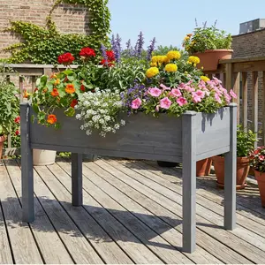 Elevated Fir Wood Raised Garden Bed with Legs, Grey Weather Resistant Wooden Planter Box with Bed Liner, Outdoor Standing Plant Growing Container for Vegetables Fruits Flowers Herbs Backyard Patio Yard Gardening Use
