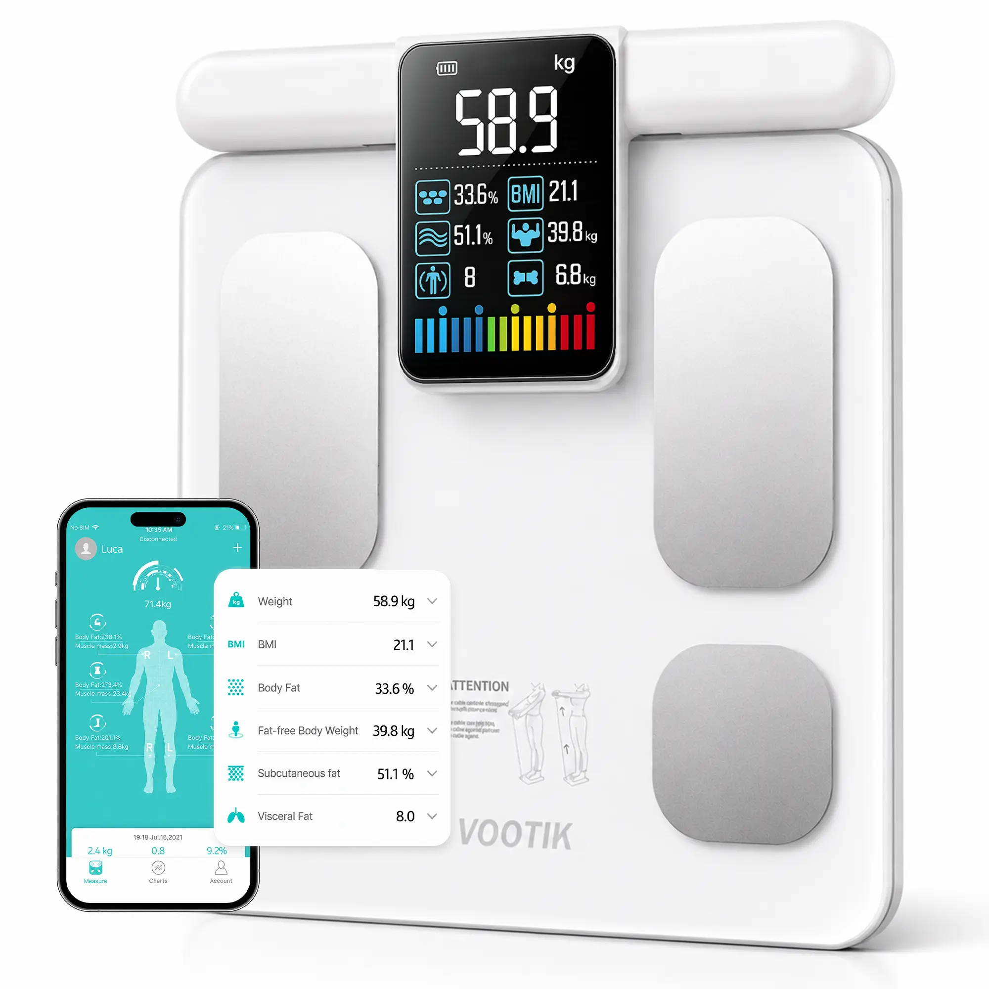 VOOTIK 8-Electrode Smart Scale for Body Weight, BMI, Body Fat, Muscle Mass, LCD Display, 20+ Body Composition Metrics, Bluetooth 5.0 Fitdays App Sync, Rechargeable Digital Bathroom Scale