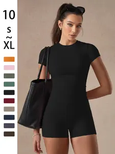 Women's Solid Color Workout Set, Athleisure Wear Set, Basic Versatile T-Shirt Top, Fashion Sporty Style Multi-Purpose High Waist Gym Shorts, Yoga Fitness, All Seasons