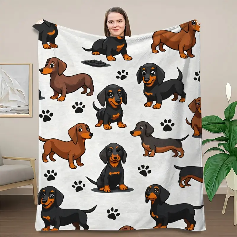 Cute Cartoon Dachshund Weiner Dog Paw Print Soft Flannel Blanket - Warm Fuzzy Plush Throw, Ideal Gift for Dachshund Lovers, Home Decor for Bedroom Sofa Couch,back to school,back to school shopping