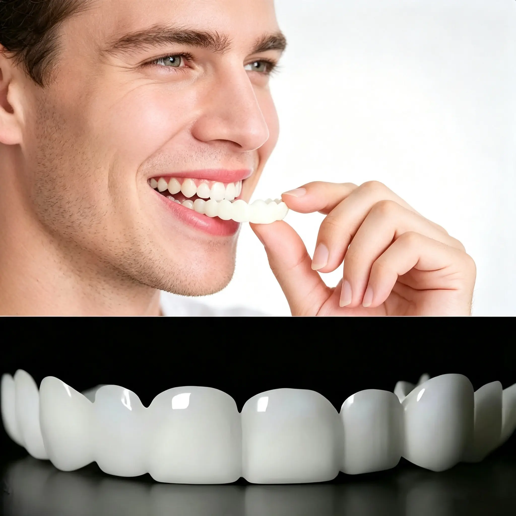 Oral Silicone Snap-On Smile False Teeth Set - 2-Pair Polypropylene Instant Veneers, Cosmetic Whitening Covers, Clip-In Top & Bottom Dentures for Stain Coverage