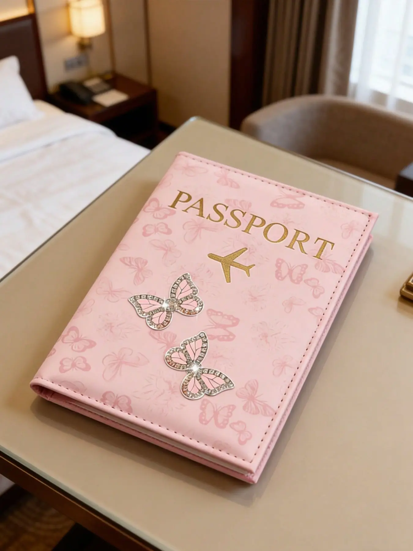 Cute Butterfly Passport Holder, Rhinestone Design, PU Material, Portable Travel Case, Sweet Style, Suitable for International Travel, Travel Document Holder, Passport Cover, Travel Essentials, Bling
