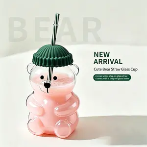 20oz Cute Teddy Bear Glass Straw Cup High Borosilicate Reusable Coffee Tumbler Aesthetic Daily Drinkware For Home Office Travel Perfect For Iced Coffee Smoothie - Bottles