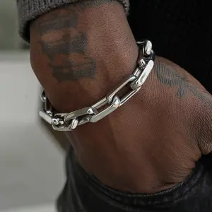 Men's Bold Stainless Steel Rectangular Link Bracelet Urban Streetwear Trendy Hip Hop Durable Polished Jewelry for Stylish Men