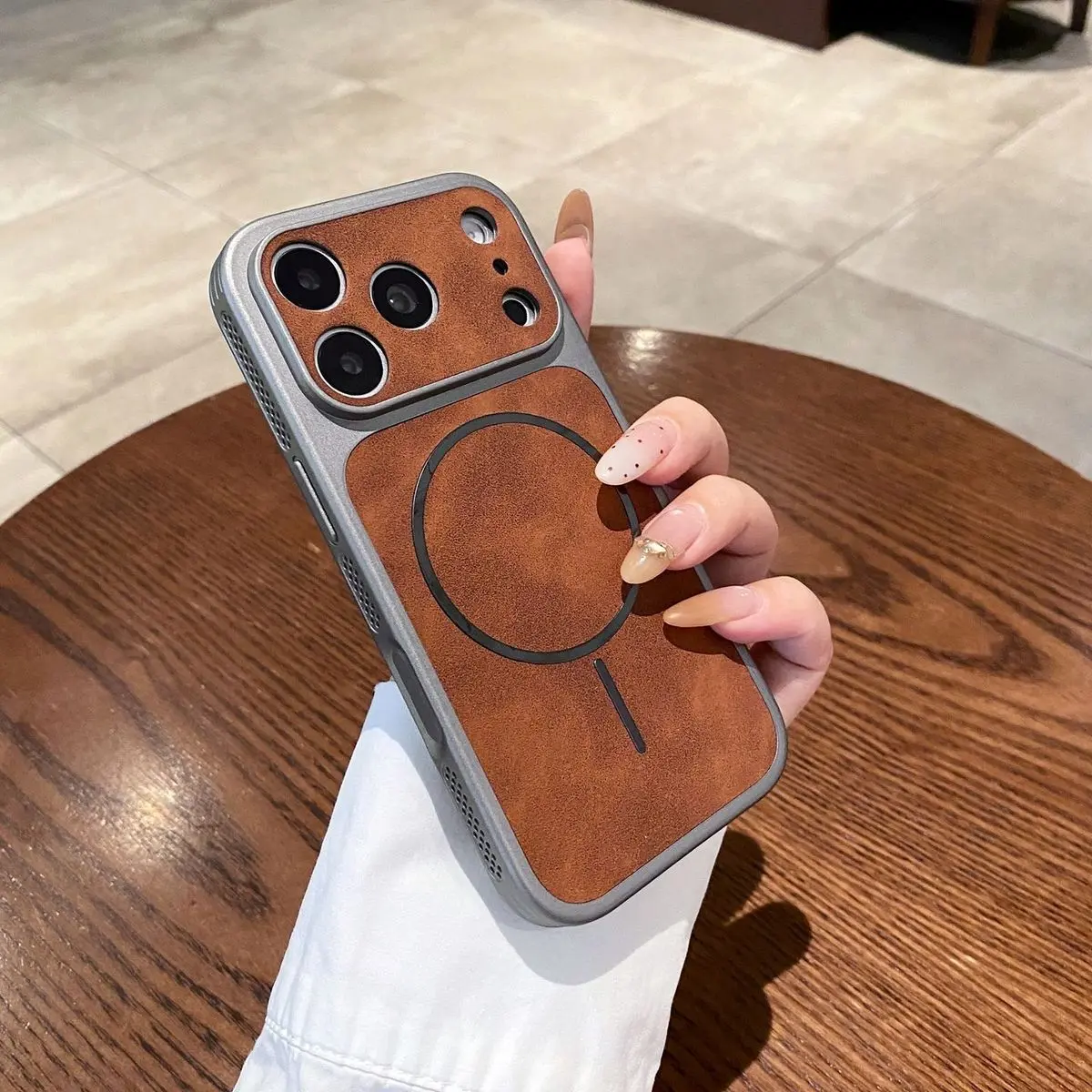 Luxury Leather Smart Phone Case for iP 18/17/16/15/14 Pro Max, Premium Lambskin-Feel Material, Magnetic Ring Compatible, Side Ventilation Design, Full-Cover Protective Case, Slim Anti-Slip Cover