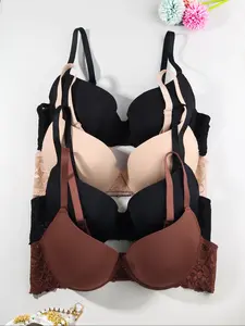 Women's Lace Patchwork Bra Set, Lace Bras, Fashionable Sexy Style Push-Up Underwear, Medium Support, Plain Pattern, All Seasons, Everyday Wear