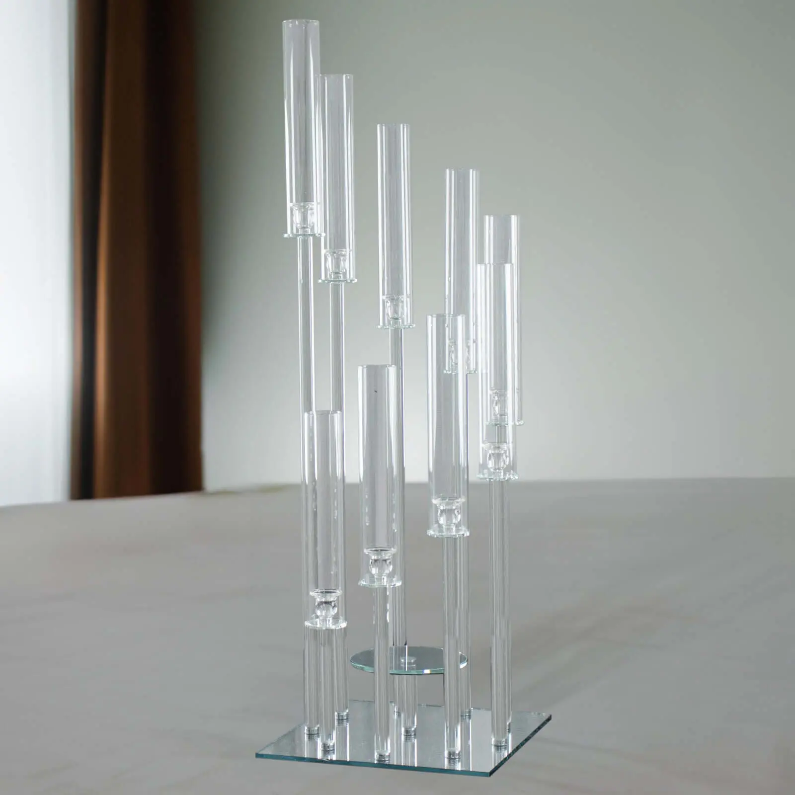 4ft 9-Arm Crystal Glass Cluster Candelabra Pedestal Stand - Square Hurricane Taper Candle Holder with Pre-Attached Candle Cups and Stems, Home Decor Interior Decoration Accessories, Decorative Wedding Table Centerpiece