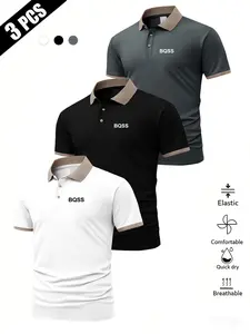 Men's Summer Classic Bqss Print Short Sleeve Polo Shirt, Breathable Comfort Business Casual Golf Wear, Multi-Color Sportswear