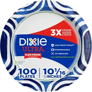 Ultra, Large Paper Plates, 10 Inch, 100 Count, 3X Stronger*, Heavy Duty, Microwave-Safe, Soak-Proof, Cut Resistant, Disposable Plates For Heavy, Messy Meals