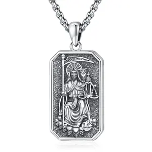 Sebina Santa Muerte Necklace 925 Sterling Silver Penadnt Skull Jewelry Grim Reaper Scythe Skull Owl Grim Reaper Necklace Gift for Men Women Him Her