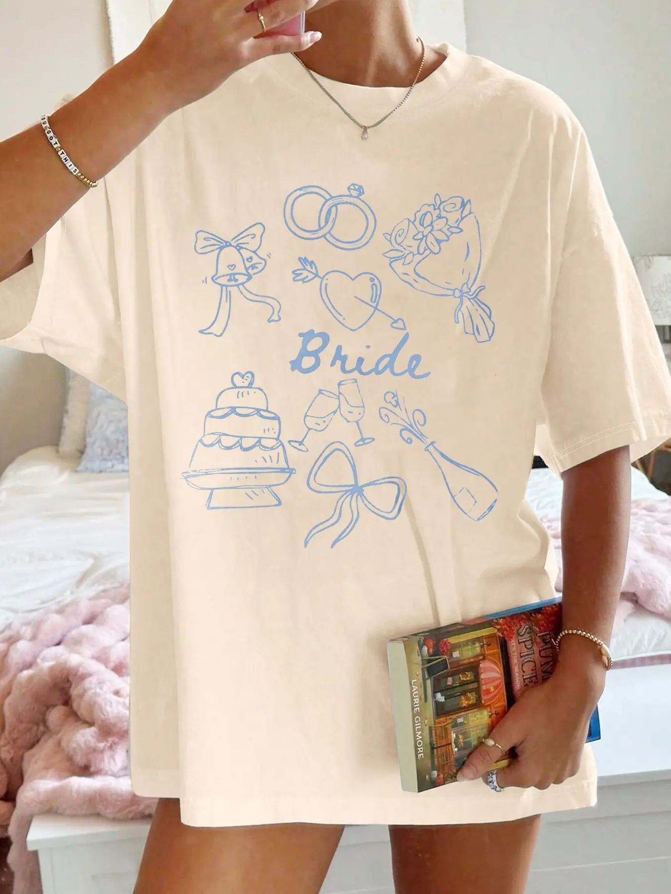 Wedding Theme Graphic Short Sleeve Women Lady T-Shirt, Womenswear, Bridesmaid Casual Top, Casual Tee Shirt, Loose-Fitting Street Style, Perfect Gift for Bridal Shower，Summer Outfits Vacation Clothes，T shirt，Long Sleeve Shirt