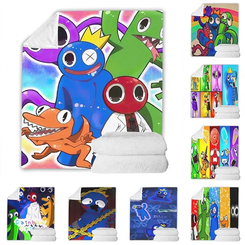 Rainbow Monster Cartoon Group Throw Blanket | Colorful Creature Graphic Decor For Kids Game Bedrooms & Roblox Fan Playrooms | Soft Cozy Gift For Young Gamers & Cartoon Monster Lovers