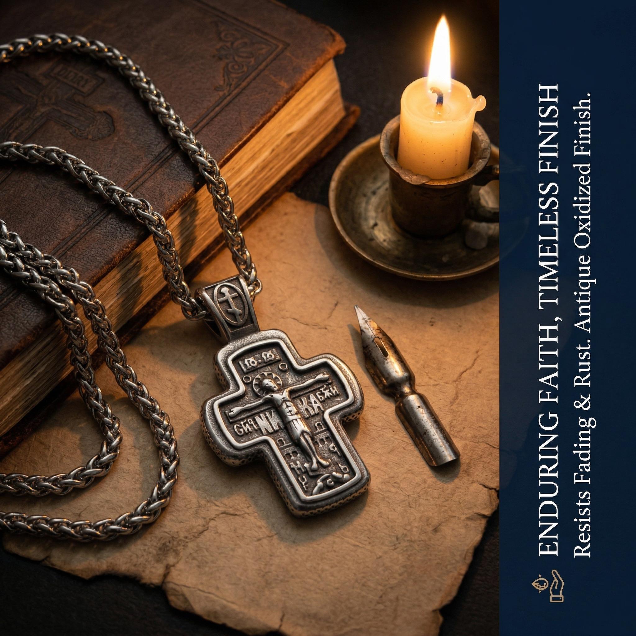 Orthodox crucifix necklace for men, stainless steel Christian cross pendant, religious men's jewelry for faith, baptism confirmation gift